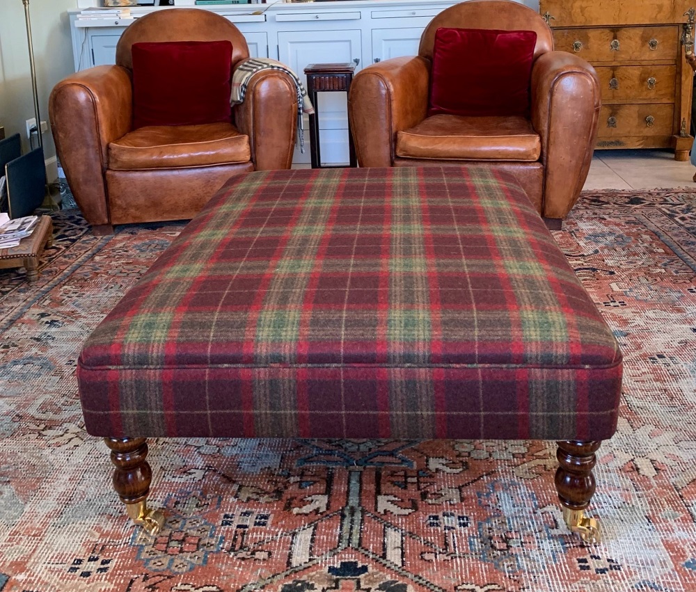 Large red tartan wool footstool